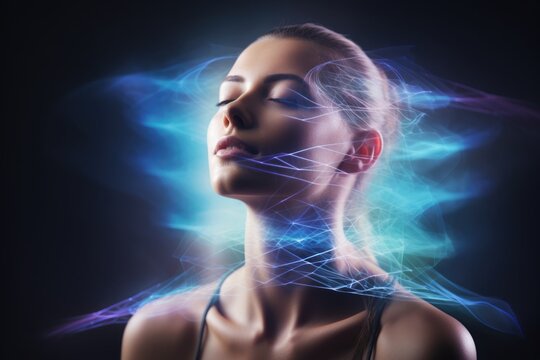 Woman With Blue Energy Lines Around Her Head, Prana Healing