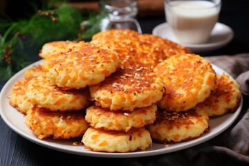 Golden potato pancakes with a glass of milk and dill in the background. 