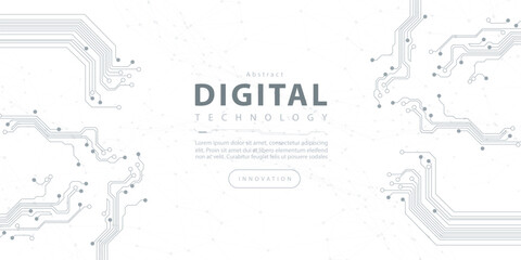 Abstract digital technology hi-tech futuristic grey white background, cyber information communication, innovation future tech data, internet network connection, Ai big data lines dots, circuit vector