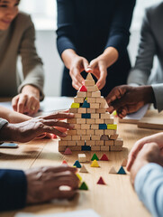Close-up of business people building pyramid with colorful wooden toy blocks - obrazy, fototapety, plakaty