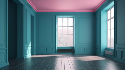 Fototapeta premium Interior of empty room background 3d render, Bright color. Generative Ai