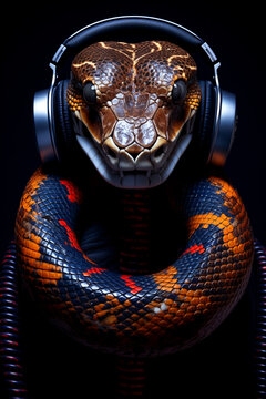 Snake with headphones. Snake listening to music