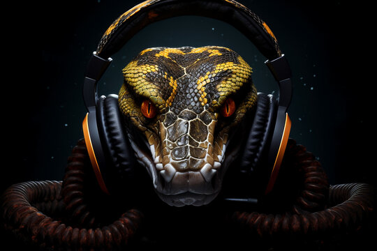 Snake with headphones. Snake listening to music