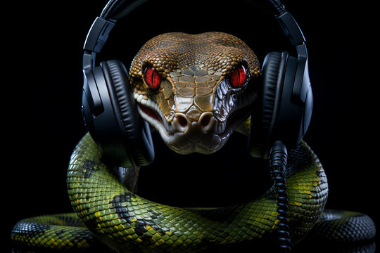 Snake with headphones. Snake listening to music