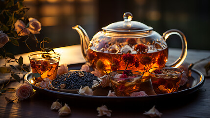 Tea Moments. Teapot and Steeping Tea Leaves