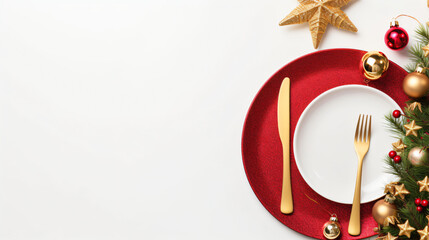 Christmas table setting with white plate