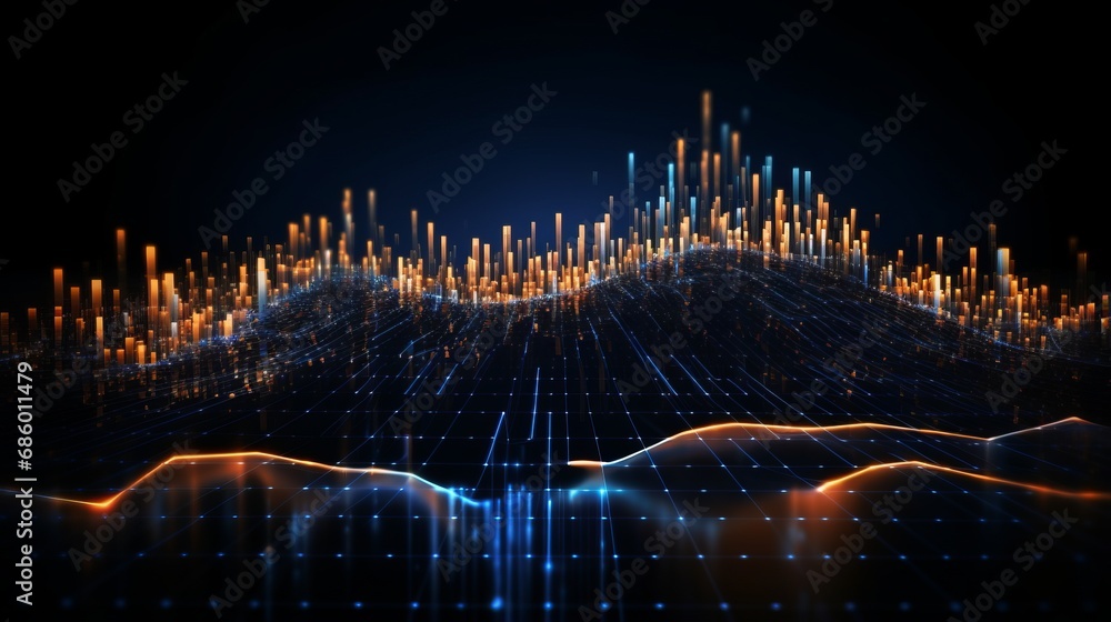 Poster dynamic data analytics: sorting information on dark background. big data visualization in futuristic
