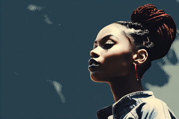 photo young black woman with braided hair and modern casual clothes, duotone modern portrait, coral, dark blue