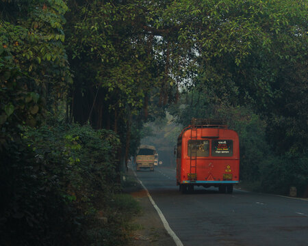 MSRTC, Maharashtra state transport bus on rural roads 