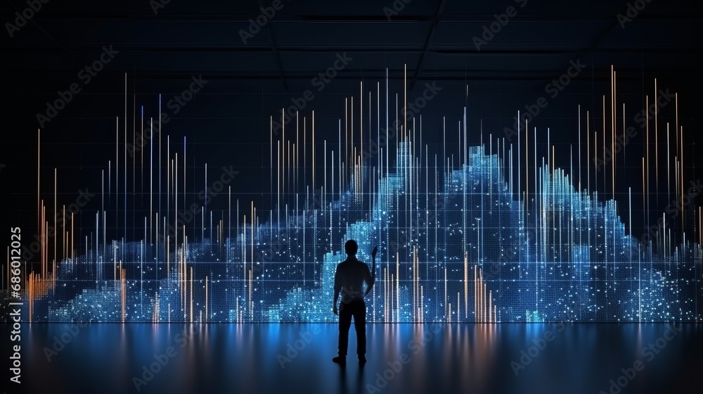Poster dynamic data analytics: sorting information on dark background. big data visualization in futuristic