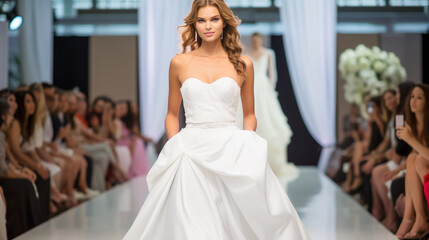 Fototapeta premium Wedding Model. Female models walk the runway in beautiful stylish white wedding dresses during a Fashion Show