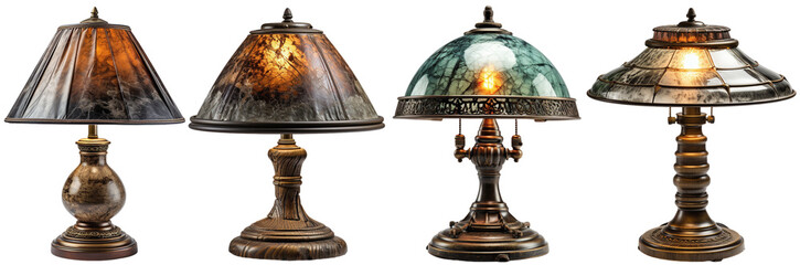 several old table lamps with shades made of different materials and with a warm glow