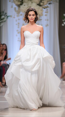 Fototapeta premium Wedding Model. Female models walk the runway in beautiful stylish white wedding dresses during a Fashion Show