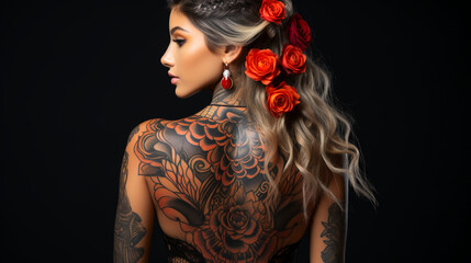 Back View of a Woman Flaunting Her Tattoo.  Young Lady Displaying Her Intricate Tattoo