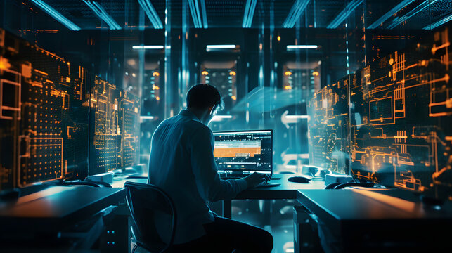 Computer engineer working on laptop computer with server room, data center, big data storage as backgrounds. generative ai.