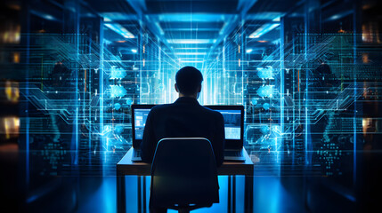 Computer engineer working on laptop computer with server room, data center, big data storage as backgrounds, digital technology, database, IT support, telecommunication, internet. generative ai.