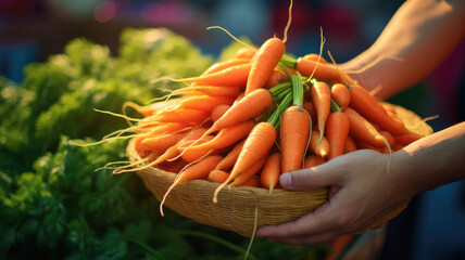 hands on carrot basket in the market