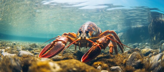 Underwater close-up of the noble crayfish Astacus astacus in a lake, studying crayfish plague and its impact on European wildlife, and contributing to research in carcinology, zoology, and - obrazy, fototapety, plakaty
