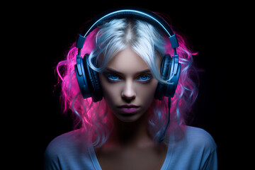 Fototapeta premium portrait of a girl in headphones on a black background