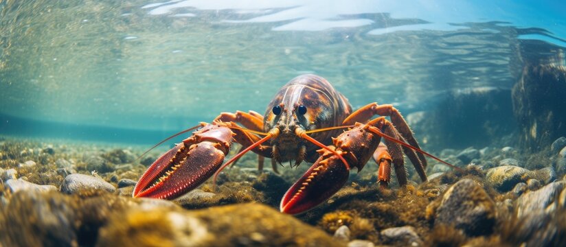 Underwater close-up of the noble crayfish Astacus astacus in a lake, studying crayfish plague and its impact on European wildlife, and contributing to research in carcinology, zoology, and