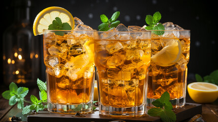 iced tea with lemon and ice in tall glasses