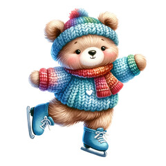 bear with winter costume is playing ice skate winter cute bear for Christmas and season greetings.