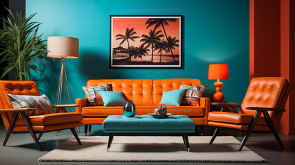 Modern living room interior  in hot  orange und teal green color