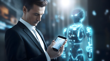 Digital chatbot, chat GPT, robot application, conversation assistant, AI Artificial Intelligence concept. Man using mobile smart phone, with digital chatbot on virtual screen. generative ai.