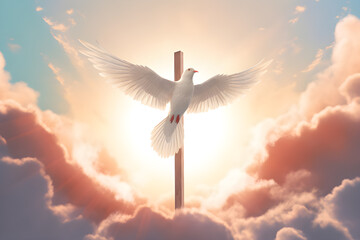 White dove bird fly over wooden cross in morning sunlight. Generative AI - obrazy, fototapety, plakaty