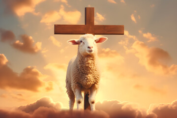 Resurrection of Jesus Christ concept. God Lamb in front of the cross of Jesus Christ on sunrise. Generative AI - obrazy, fototapety, plakaty