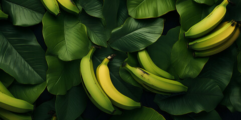 Beautiful Green bananas,A bunch of bananas are on a leaf,Green leafs and banana background
 - obrazy, fototapety, plakaty