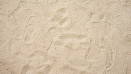 Image of the surface of a fine golden sand beach. It is sand that is pure, clean, and does not contain filth or garbage. The upper surface has traces of where various equipment was placed.