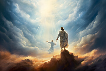 Jesus Christ in Heaven. Resurrection of Jesus Christ concept. Generative AI - obrazy, fototapety, plakaty