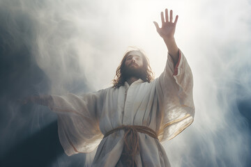 Jesus holds out his hand to calm the storm. Generative AI