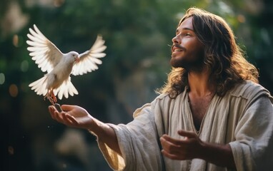 Jesus Christ with a dove. Jesus baptised concept. Generative AI