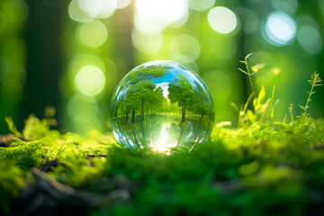 Obraz na płótnie Canvas transparent ball with reflection of green trees in forest, sunlight, day of earth .