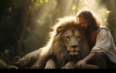 Jesus with a lion. Christian concept. Generative AI