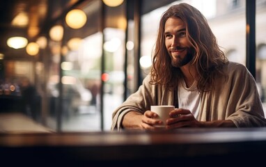 Jesus drink a coffee at coffee shop. Christian concept. Generative AI