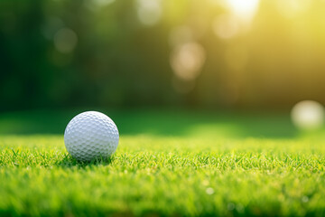Obraz premium Golf ball white close-up lying on the green grass, blurred background
