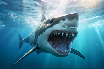 shark oceanic underwater with open mouth with teeth front view, attacker - obrazy, fototapety, plakaty