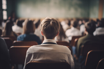 younger students at school are sitting on chairs, view from the back, blurred background
