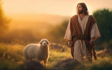 A bible jesus shepherd with his flock of sheep during sunset. Generative AI