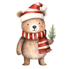 Fototapeta premium Watercolor teddy bear Christmas clipart.