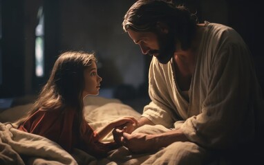 Jesus heals the daughter of Jairus. Generative AI - obrazy, fototapety, plakaty