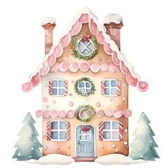 Watercolor Gingerbread house Christmas clipart.