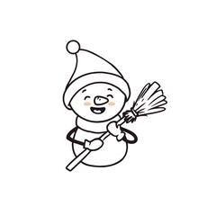 cute cartoon snowman in a santa hat and scarf with a broom. Doodle style. Christmas coloring book. 