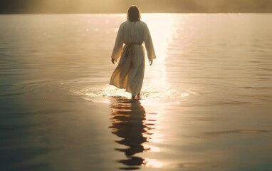 Jesus Christ walks on water. Generative AI.