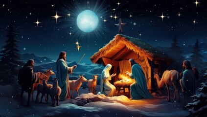 Christmas nativity scene. Baby Jesus Christ, Mary and Joseph. Generative AI - obrazy, fototapety, plakaty