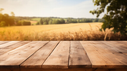 Rustic wooden tabletop with a blurred background of a lush wheat field under a clear sky mockup product display placement. 