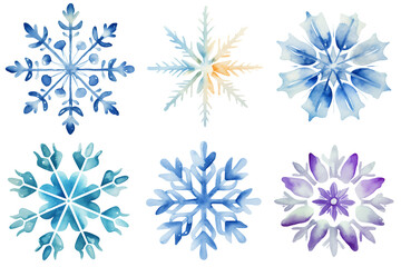 Vintage retro colorful watercolor Christmas snowflake painting clipart set